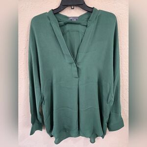 Vince Silk Split Neck Tunic Blouse, Long Sleeve, Green, Size Large